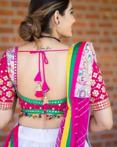 Mirror Work Pink And Green Combination Neck Blouse Design