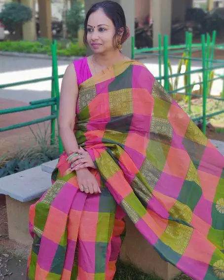 Multicolored Checked Saree Blouse Design In Pink