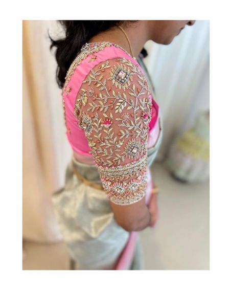 Netted Fuscia Pink Maggam Work Blouse Design