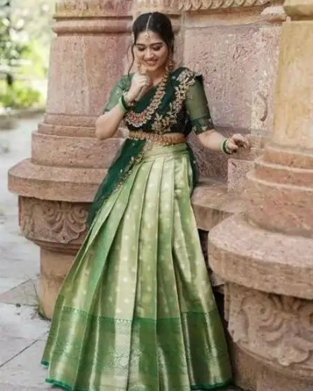 Netted Green Traditional Pattu Langa Blouse Maggam Work Design