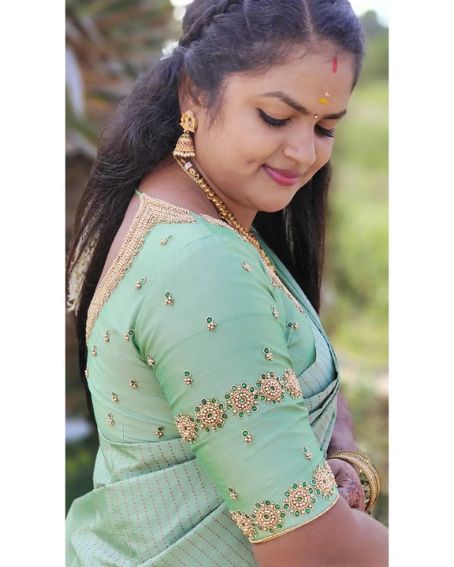 Pale Green Wedding Aari Work Blouse Hand Design