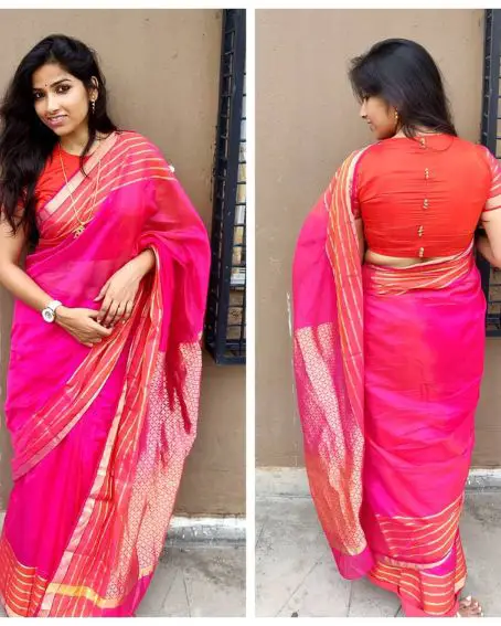 Pink And Orange Silk Saree Blouse Design Front And Back