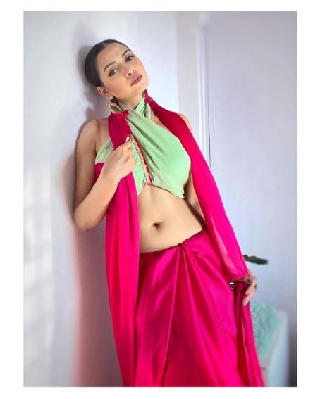 Plain Pink Saree With The Green Blouse Design