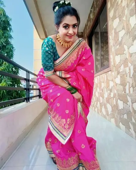Printed Pink Saree With Green Blouse Design