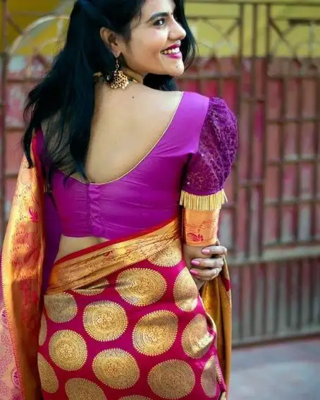 Puff Hand Kathpadar Saree Back Neck Blouse Design