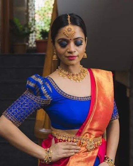 Royal Blue Pattu Mirror Work Blouse Design