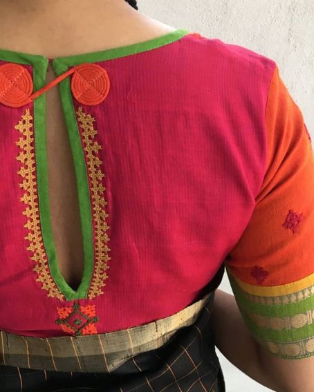 Sleek Cut Pink And Green Combination Neck Blouse Design