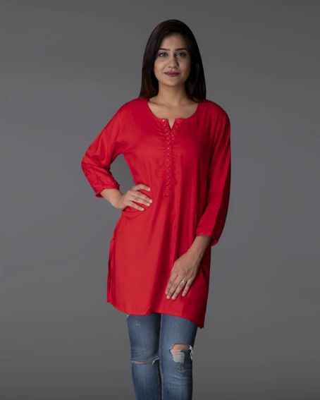 3/4th Sleeve Plain Red Short Kurti