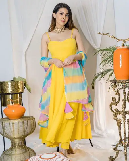 A Perfect Haldi Dress with Multi-Color Dupatta