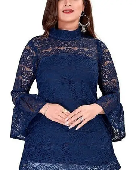 A Transparent Net Fabric Kurti with Bell Sleeves and a Polo Neck