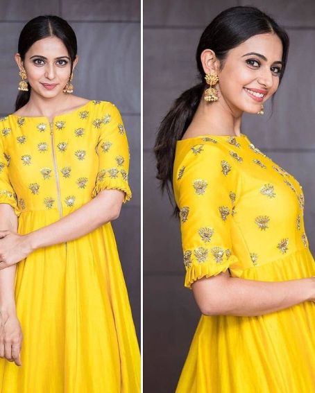 Actress Rakhul Preeth Singh in Yellow Kurti with Boat Neck Design