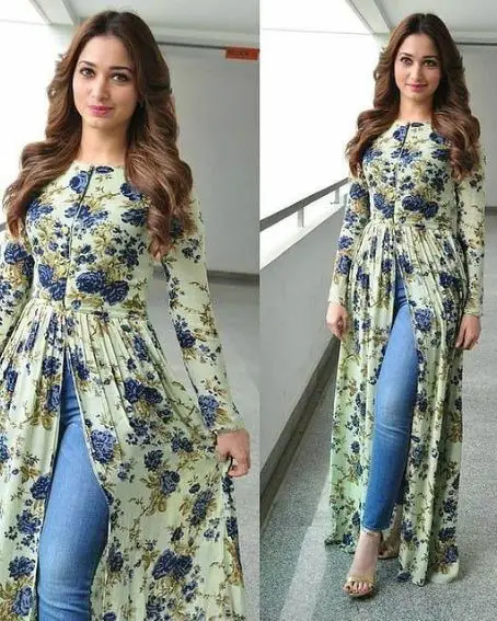Actress Tamanna in a Floral Pattern Long Kurti with Jeans