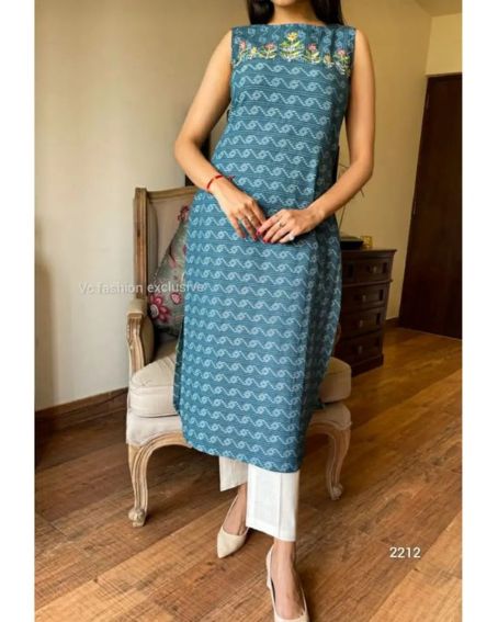 Adorable Long Sleeveless Kurti with Boat Neck Embroidery Design