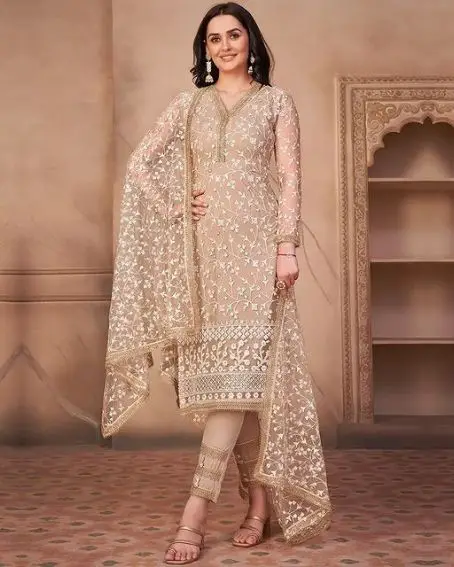 Aesthetic Beige Netted Fabric Long Kurti with a Cigarette Pant