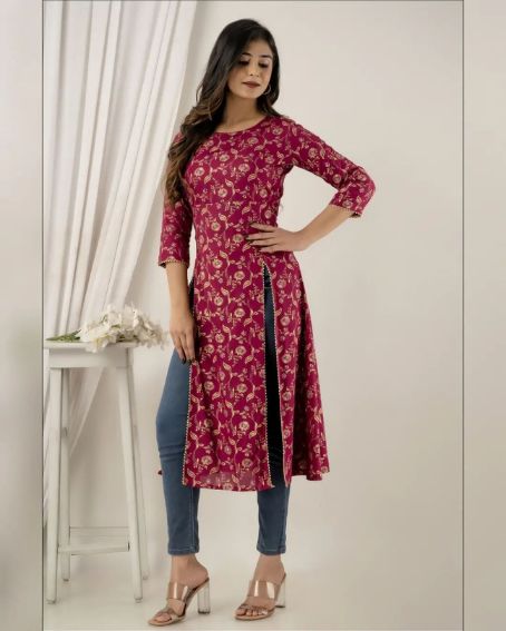 Amazing Pink Printed Pattern Kurti with Dual Side Cut Design