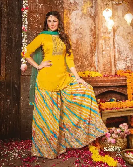 Amazing Yellow Short Kurti with Palazzo Set for Haldi