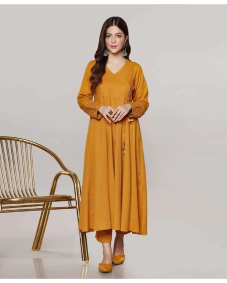 Anarkali Pattern Long Mustard Color Kurti with a Cigarette Pant