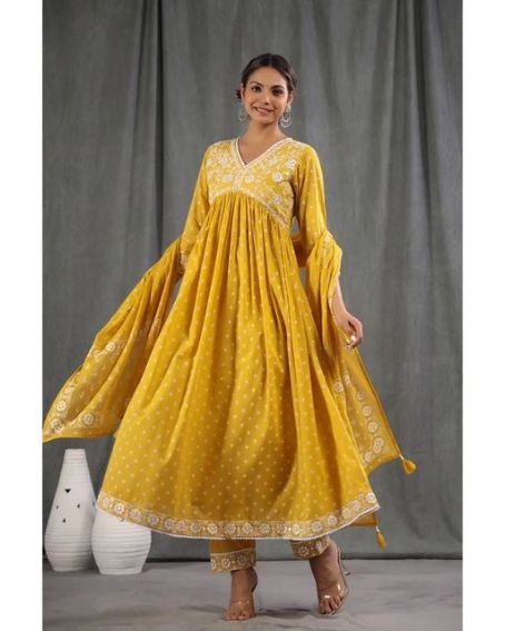 Anarkali Pattern Yellow Kurti Set with Thread Embroidery Work