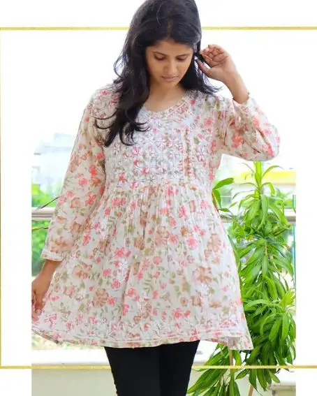 Angrakha Style Chikankari Short Cotton Kurti