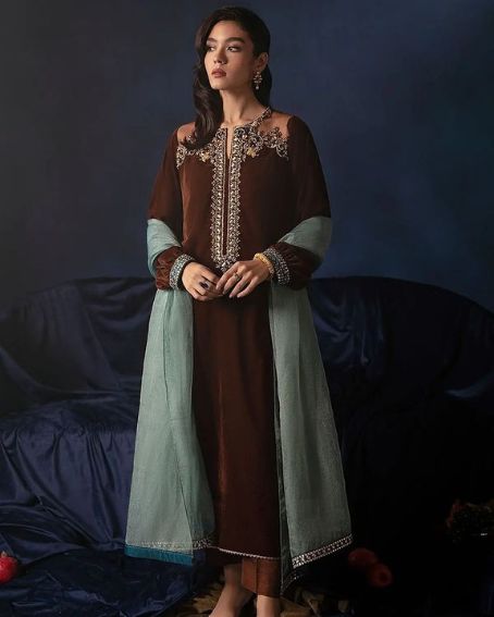 Astonishing Sling Cut Neck Design of a Velvet Kurti