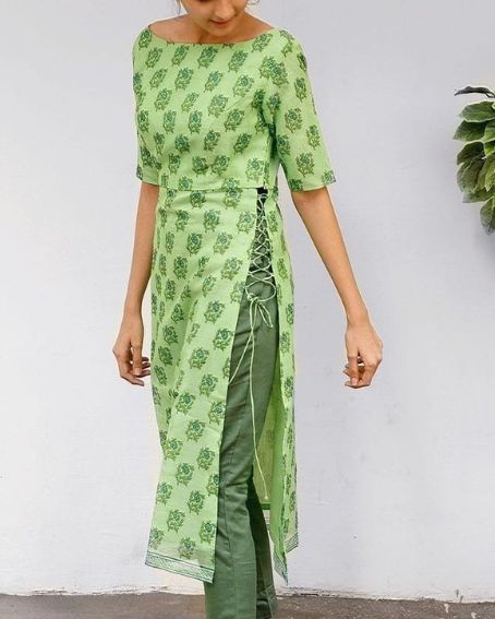 Awesome Green Kurti with Side Cut Open and Boat Neck Design