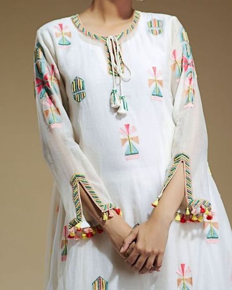 Awesome Kurti Cut Sleeves with Small Hangings Designs
