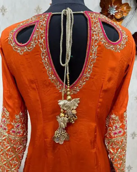 Back Neck Design with Golden Embroidery and Hanging