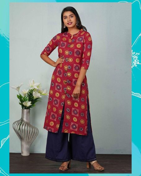 Bandhani Gold Foil Print Kurti with Collar Neck Design