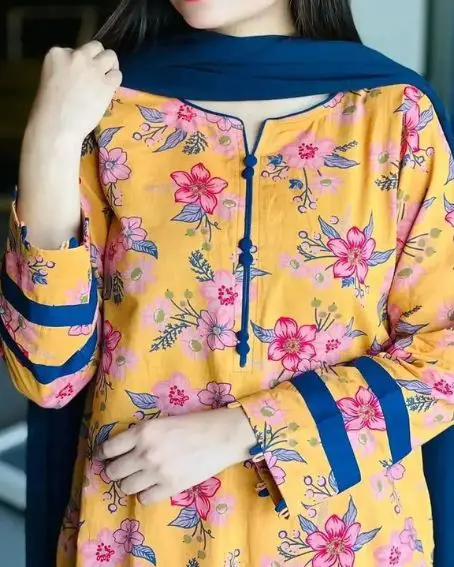 Beautiful Floral Pattern Kurti with Blue Piping Borderline