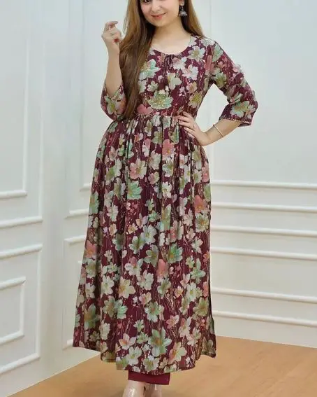 Beautiful Flower Procin Printed Riyon Nira Cut Kurti with Pant