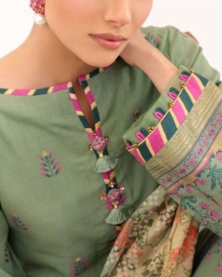 Beautiful Green Kurti with Attractive Piping Borderline with Hangings