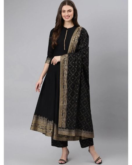 Beautiful Motifs Printed Bordered Anarkali Kurti and Palazzo with Dupatta