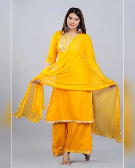 Beautiful Yellow Long Kurti with Palazzo Set with Gota Borders