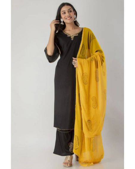 Beautiful and Long Black Kurti with Yellow Silk Dupatta