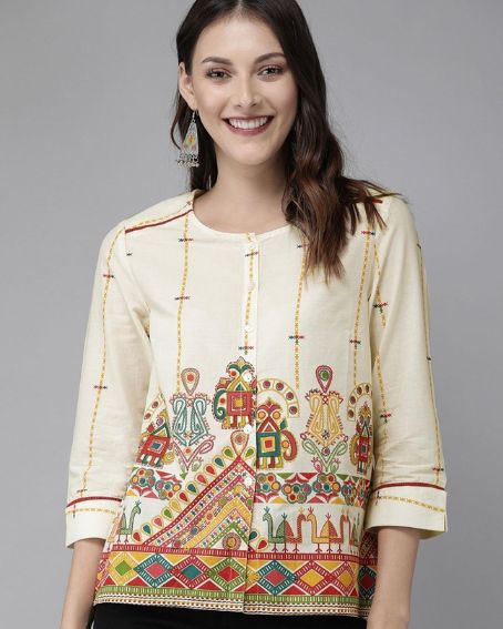 Beige & Red Ethnic Cotton Short Kurti