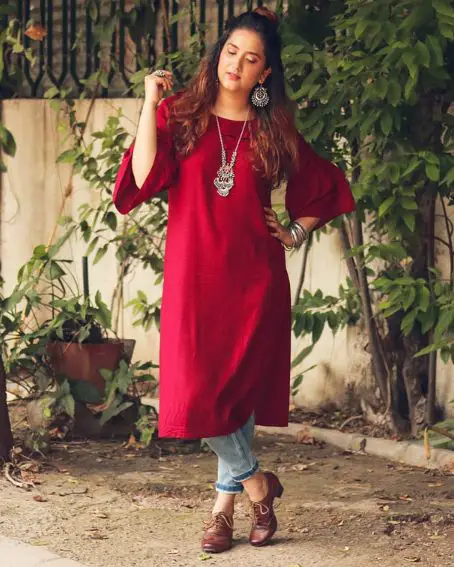 Bell Sleeve Long Kurti with Denim