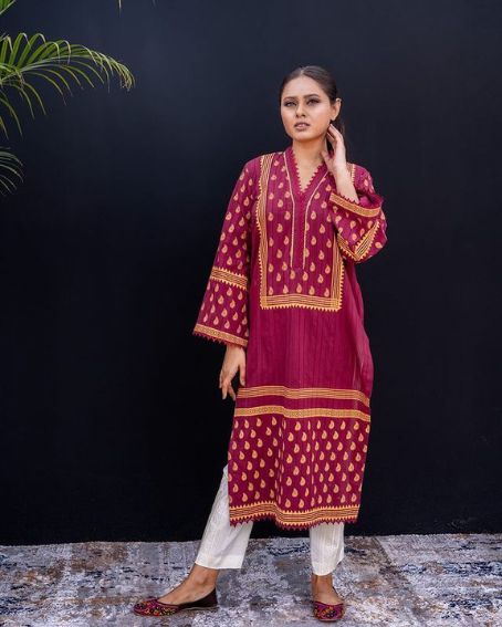 Bell Sleeve V Neckline Lace Work Kurti