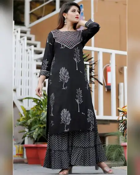 Black Printed Kurti and Palazzo Set with Boat Neck Design