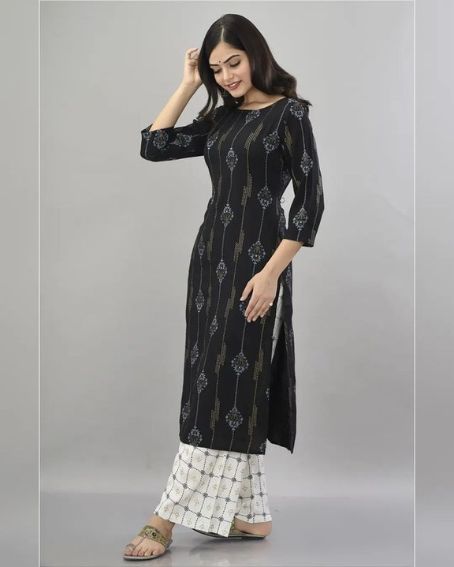 Black Printed Pattern Long Kurti with Palazzo