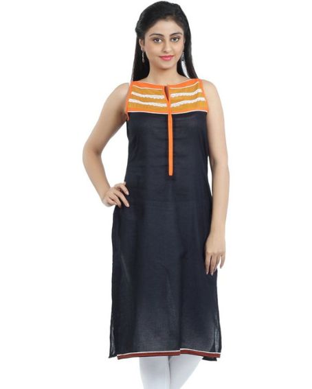 Black and Orange Combination Sleeveless Kurti with Boat Neck Design