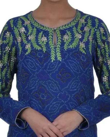 Blue Bandhani Kurti with Round Neck Design with a Cut Open