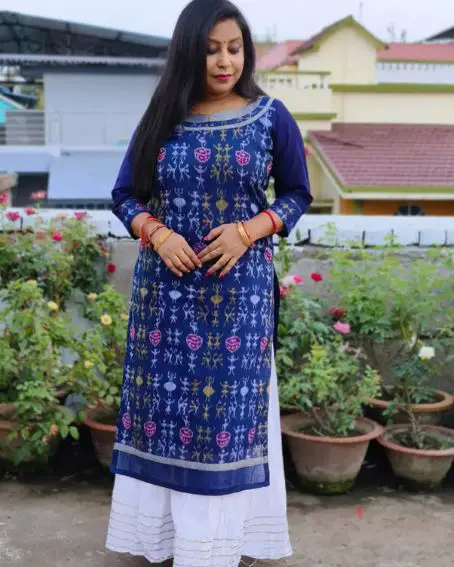 Blue Color Sambalpuri Kurti with Piping Neck Design