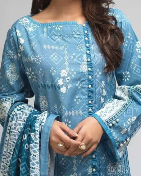 Blue Kurti with Boat Neck Design Along with Border Piping