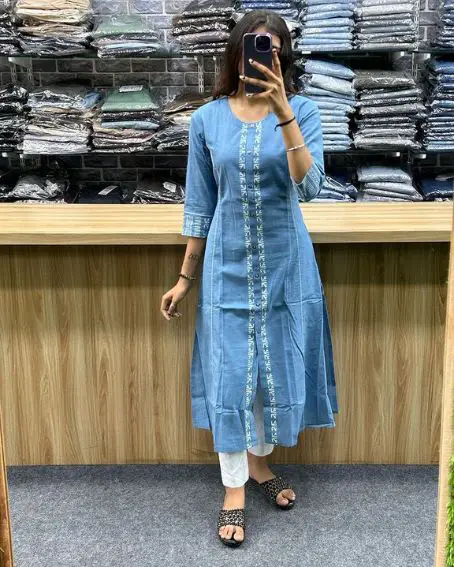 Blue Long Kurti with White Narrow Pants