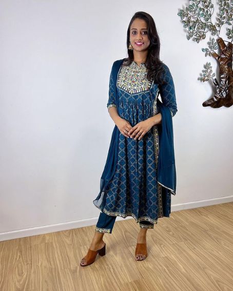 Blue Rayon Naira Cut Kurta with Machine Embroidery Work