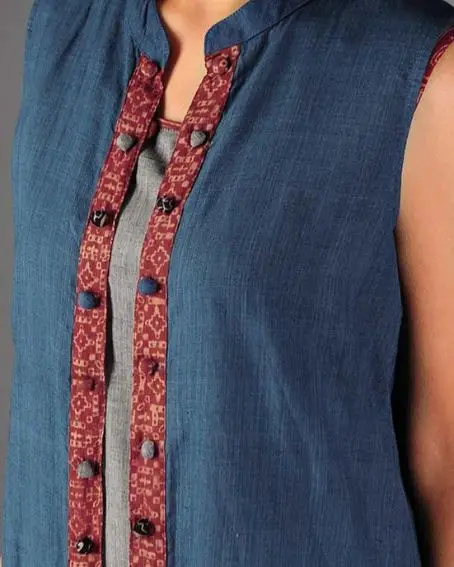 Blue Round Collar Neck Design Kurti with Potli Buttons