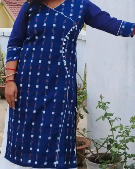 Blue Sambalpuri Kurti Neck Design with Piping and Potli Buttons