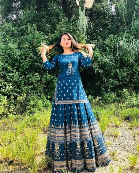 Blue Short Kurti with Printed Skirt
