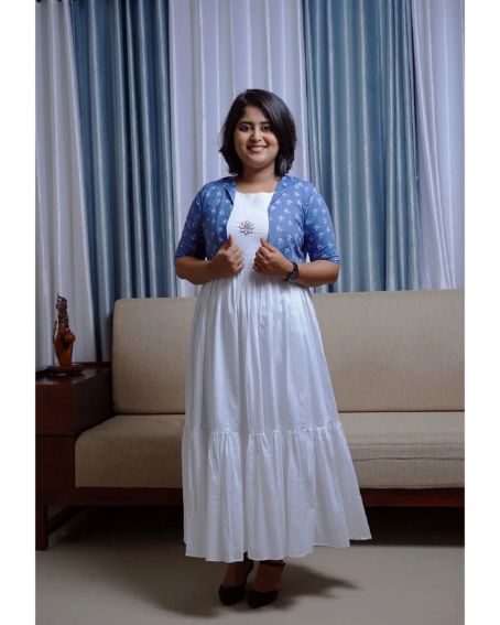 Blue Trendy Jacket with Cute Embroidery White Kurti