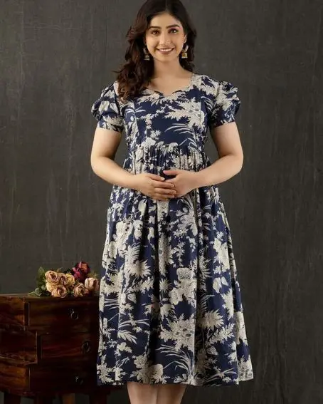 Blue and White Short Puff Sleeve Kurti